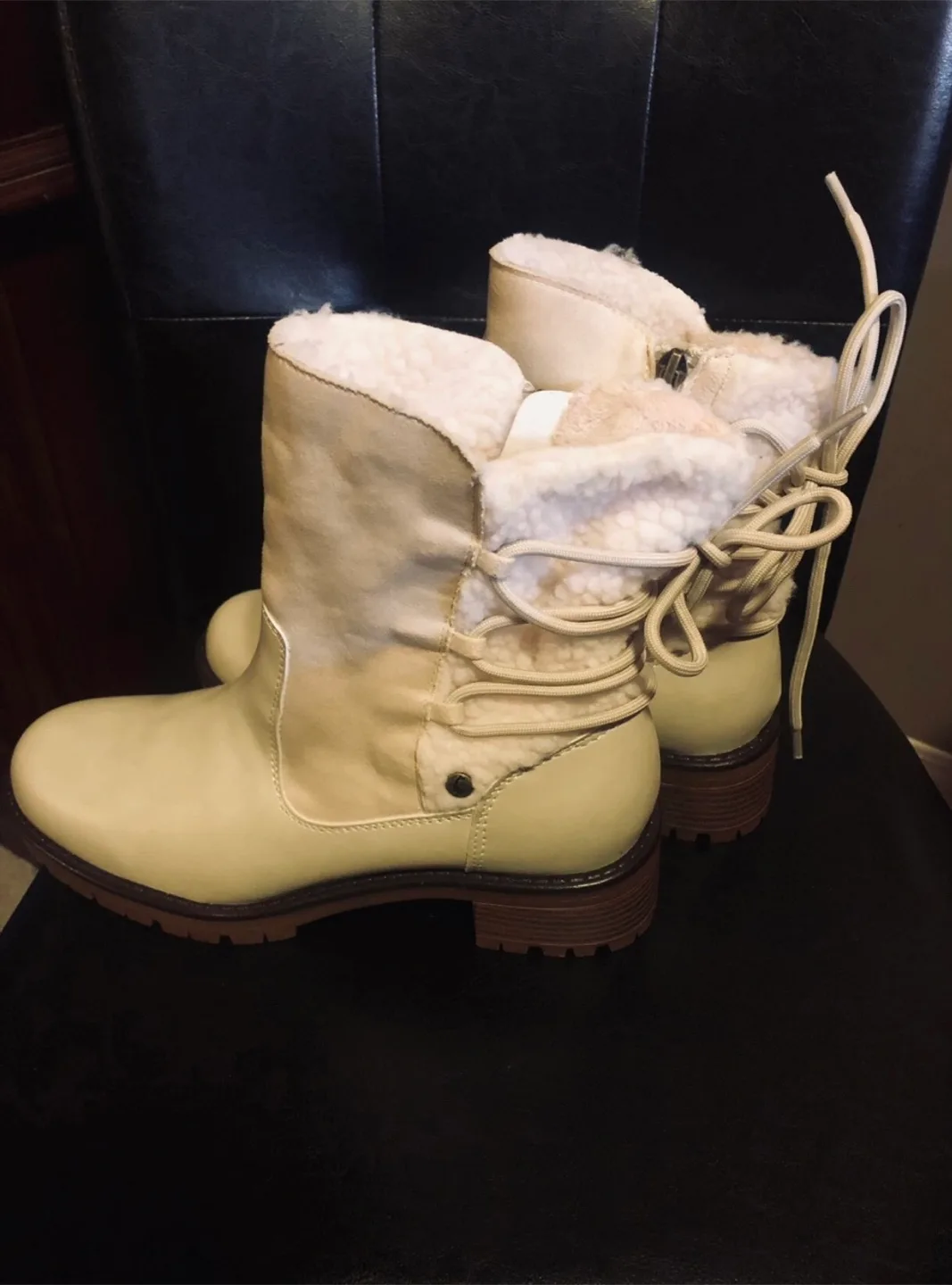 NEW Cream Boots , Faux Fur Lining Zip up & Lace up Back thumbnail
