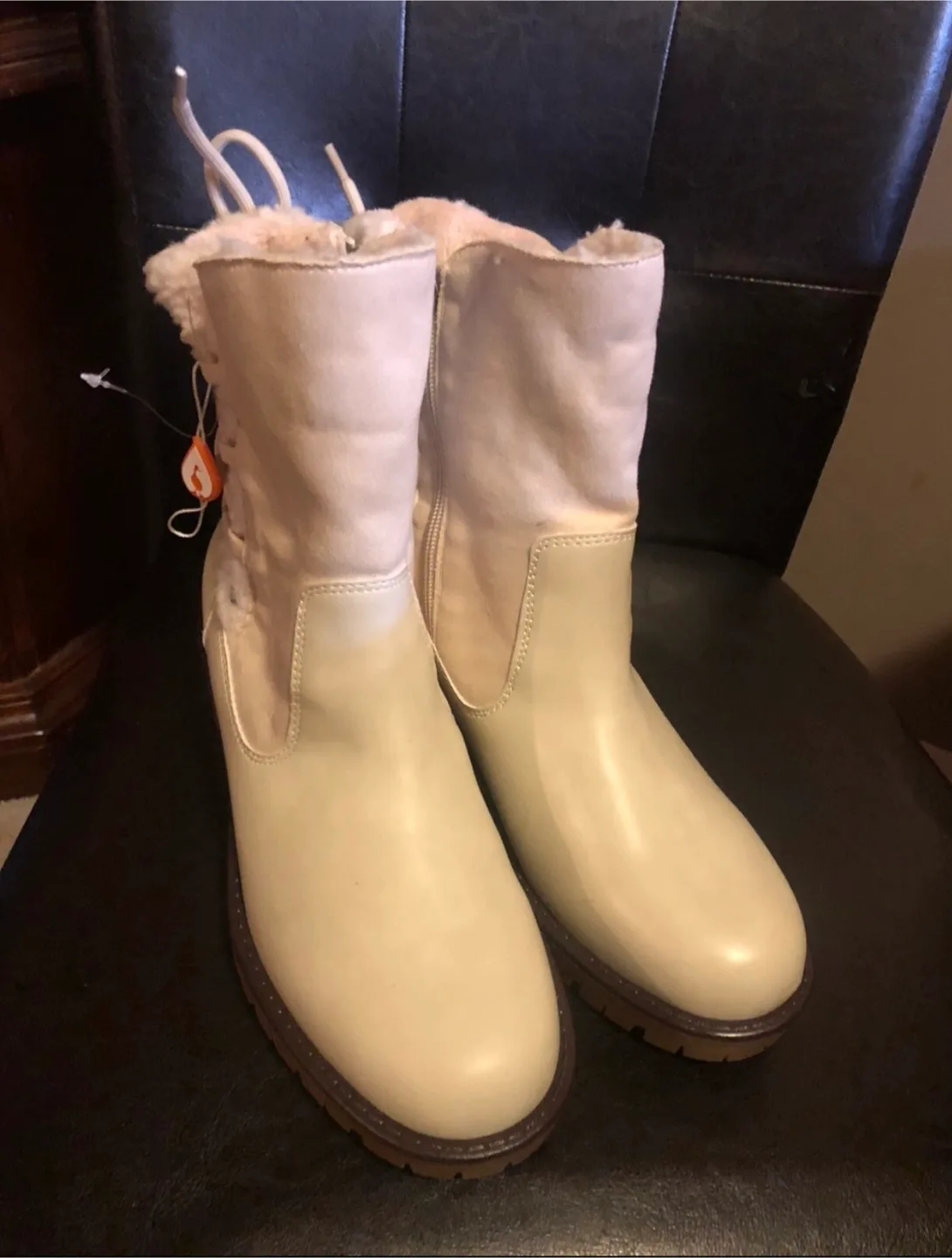 NEW Cream Boots , Faux Fur Lining Zip up & Lace up Back image indicator(4)