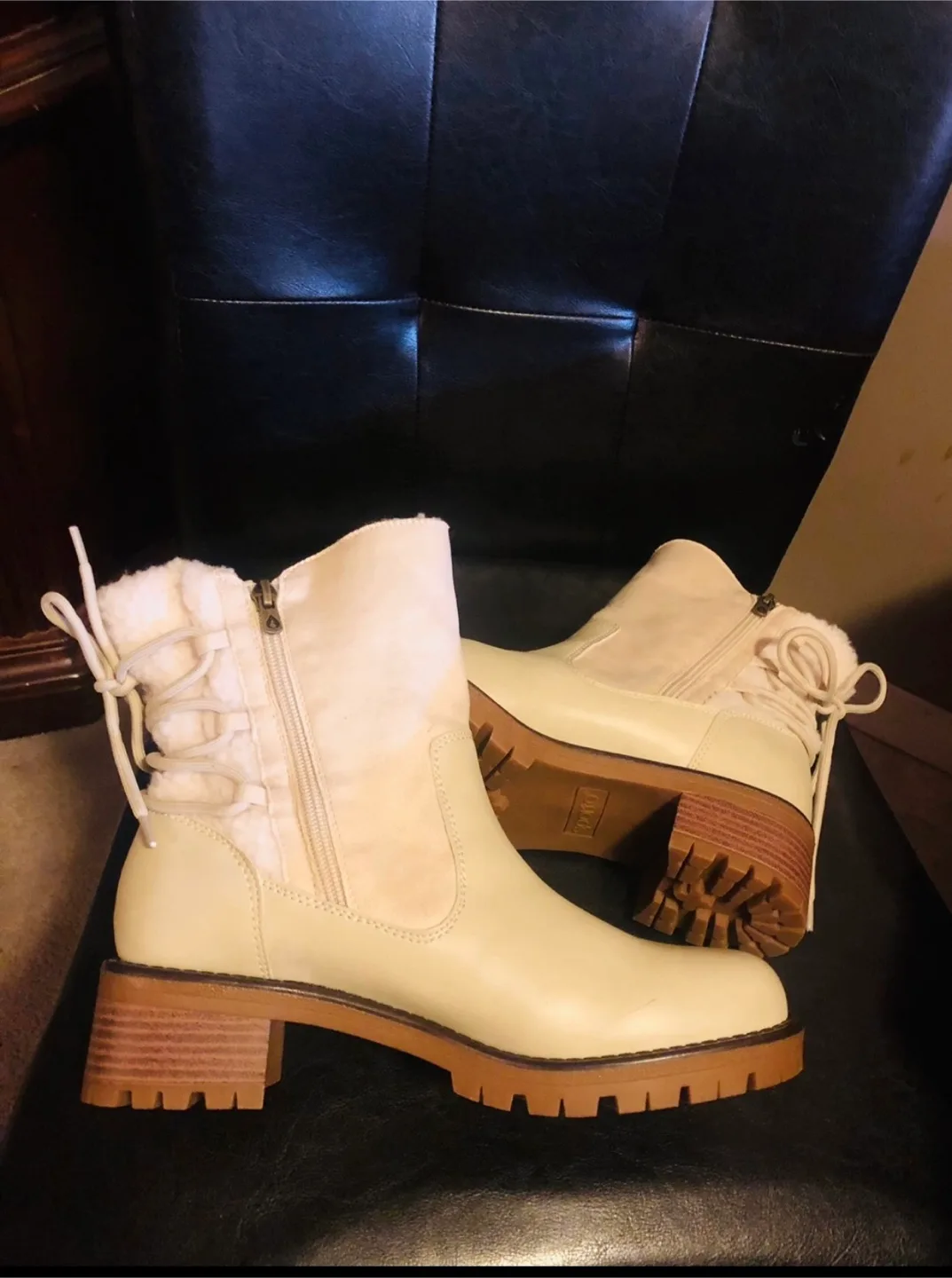 NEW Cream Boots , Faux Fur Lining Zip up & Lace up Back image indicator(2)