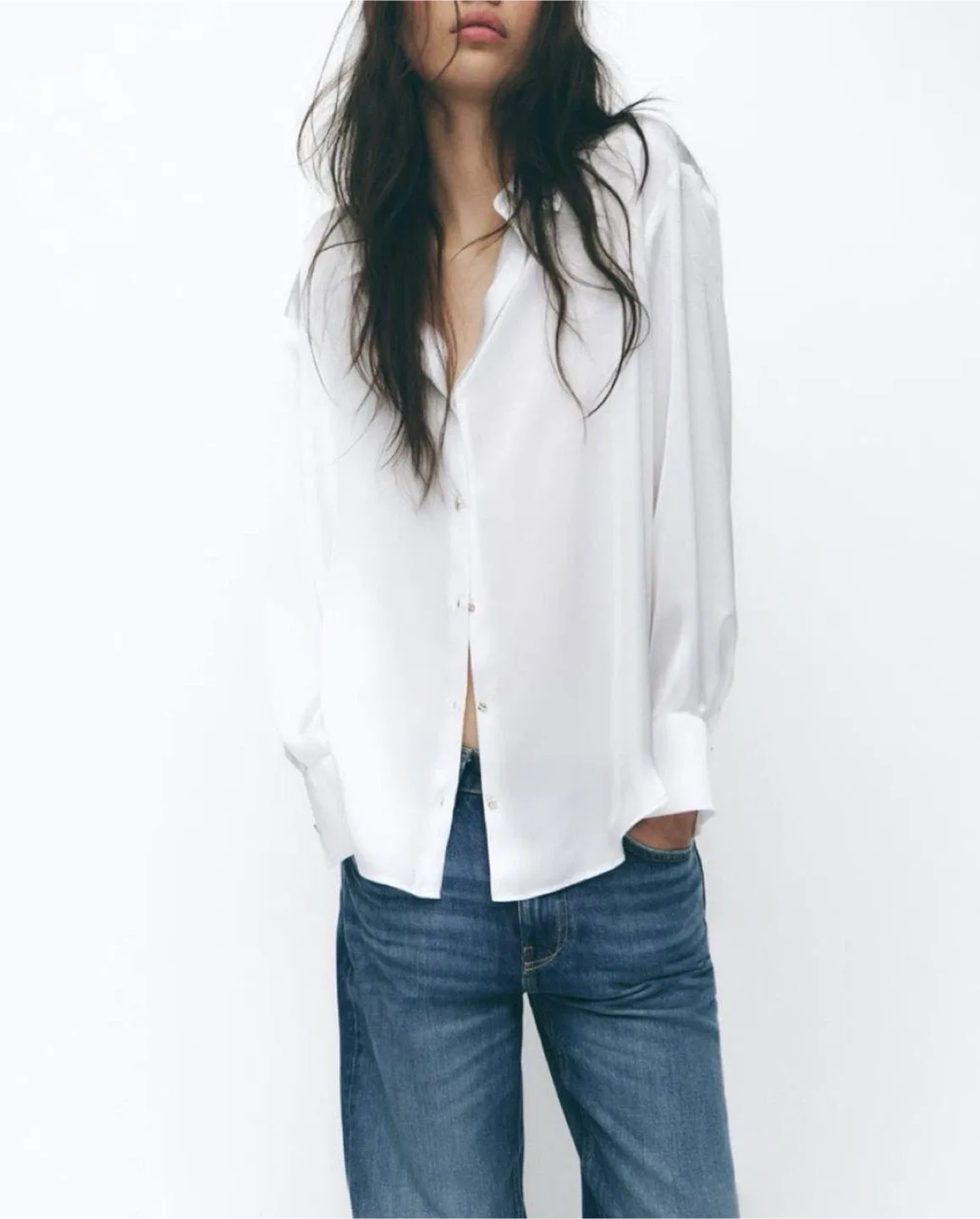 Women's White Satin Oversized Shirt, XL ZARA thumbnail
