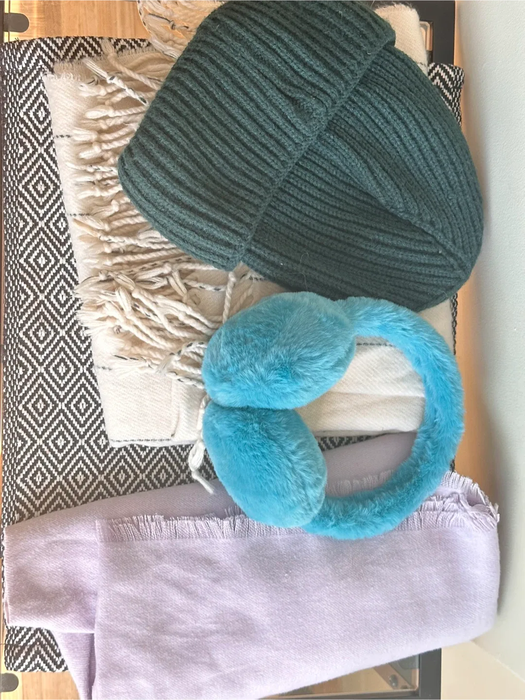 Bundle of scarves, beanie, and earmuffs thumbnail
