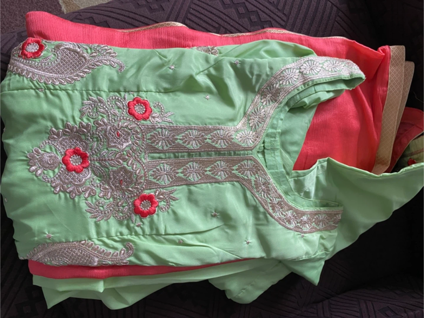 Salwar Kameez - Green & Coral