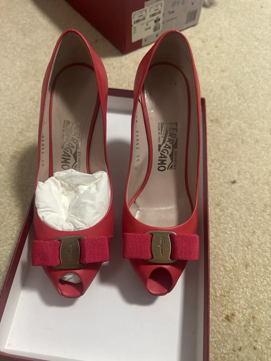 Salvatore Ferragamo Red Leather Heels, Size 5 thumbnail
