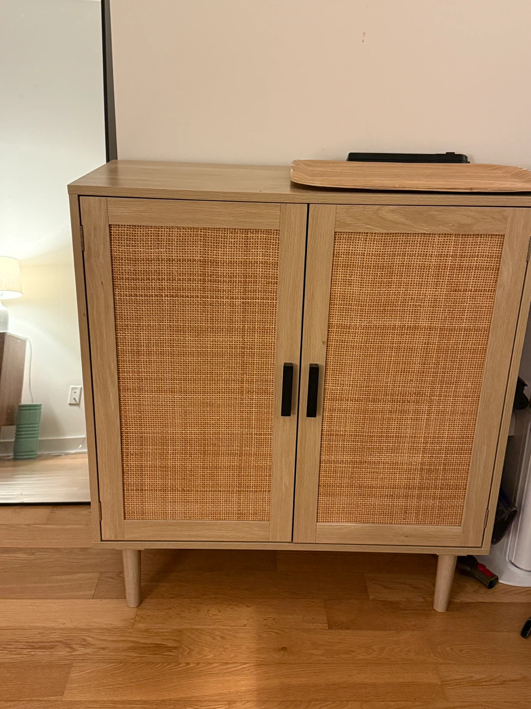 Light Wood Cabinet with Rattan Doors