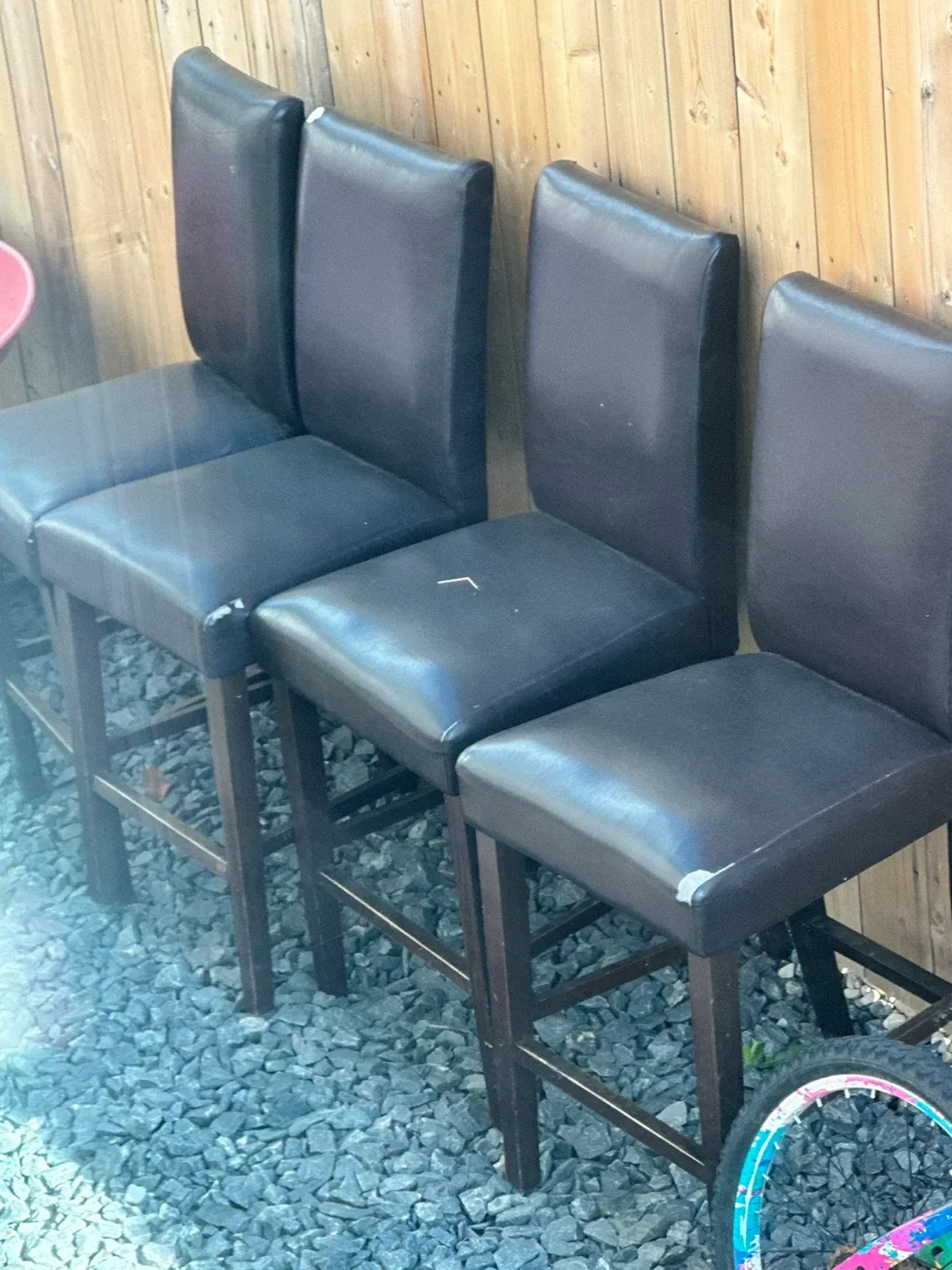 Set of five brown leather dining room chairs thumbnail