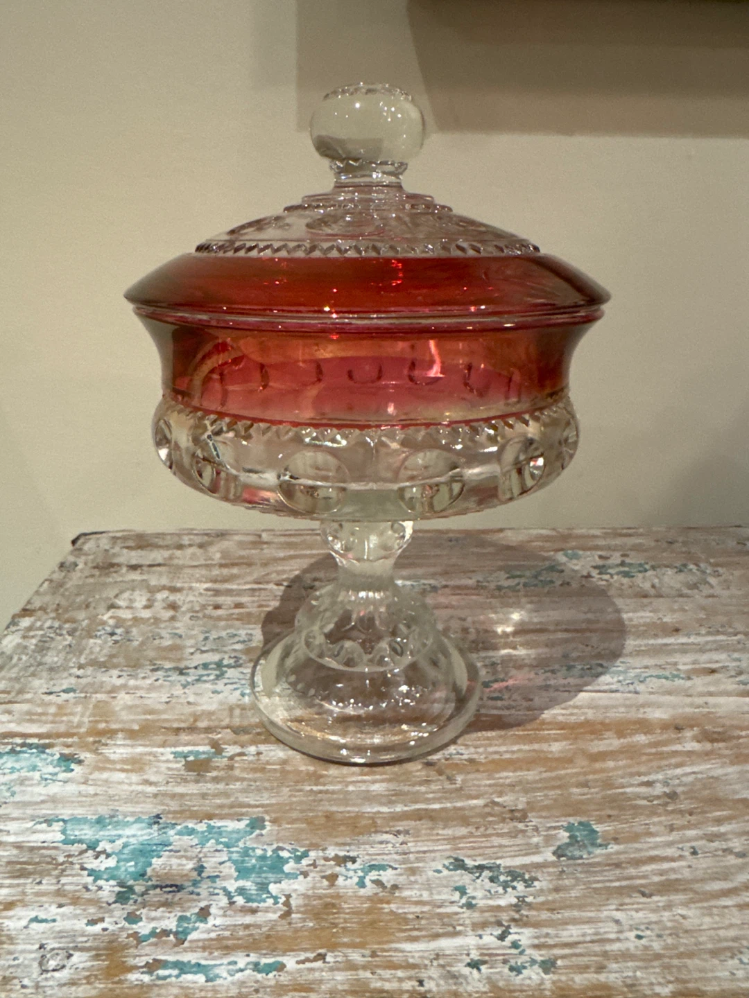 Vintage Candy Dish with Lid - Red Accent