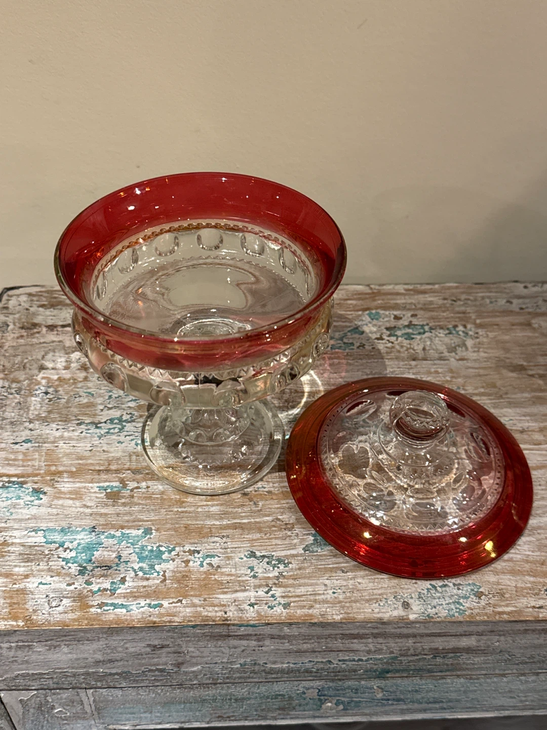 Vintage Candy Dish with Lid - Red Accent - photo 2