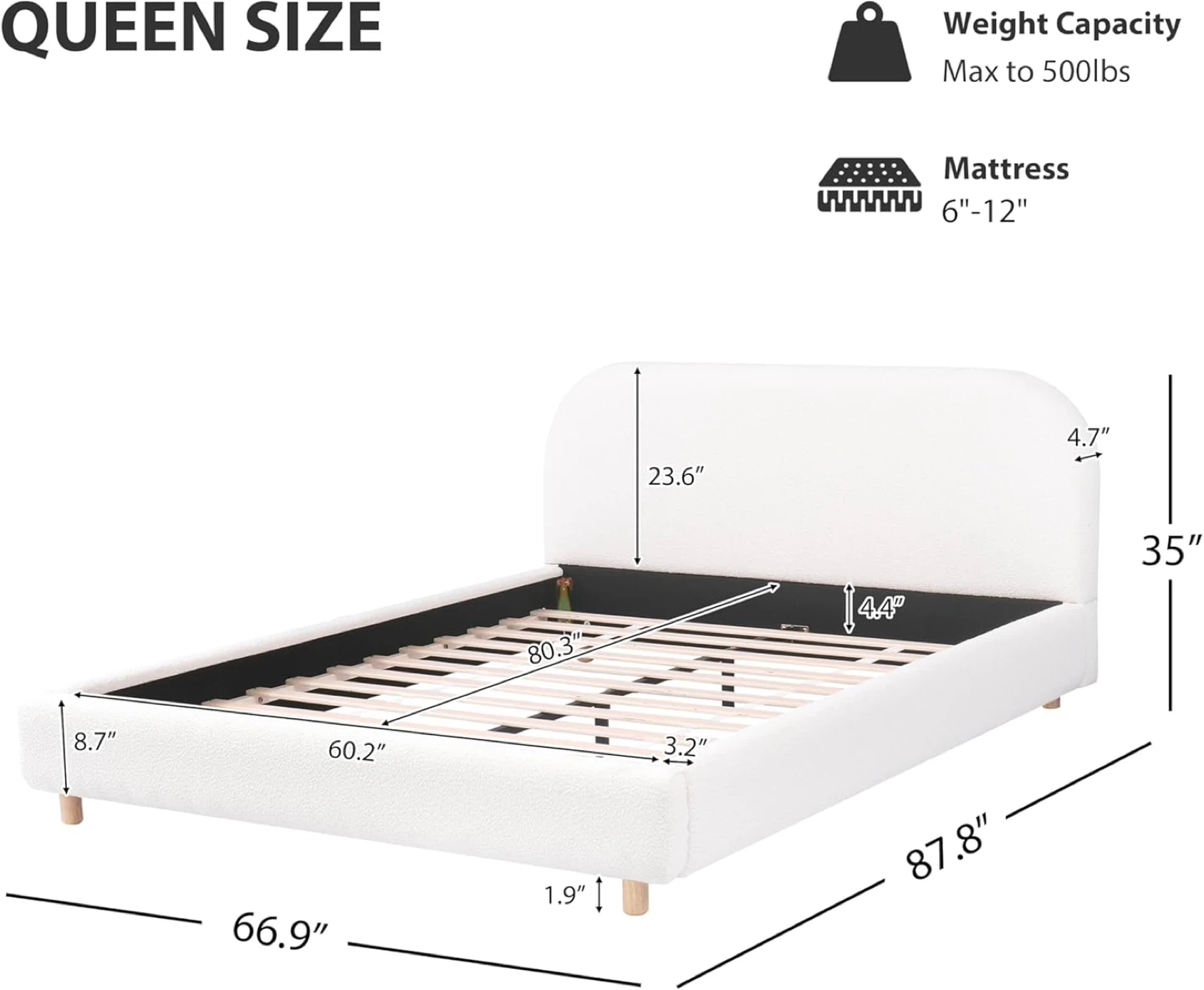 Curve-Shaped Platform Bed with Headboard, Queen Size - photo 4