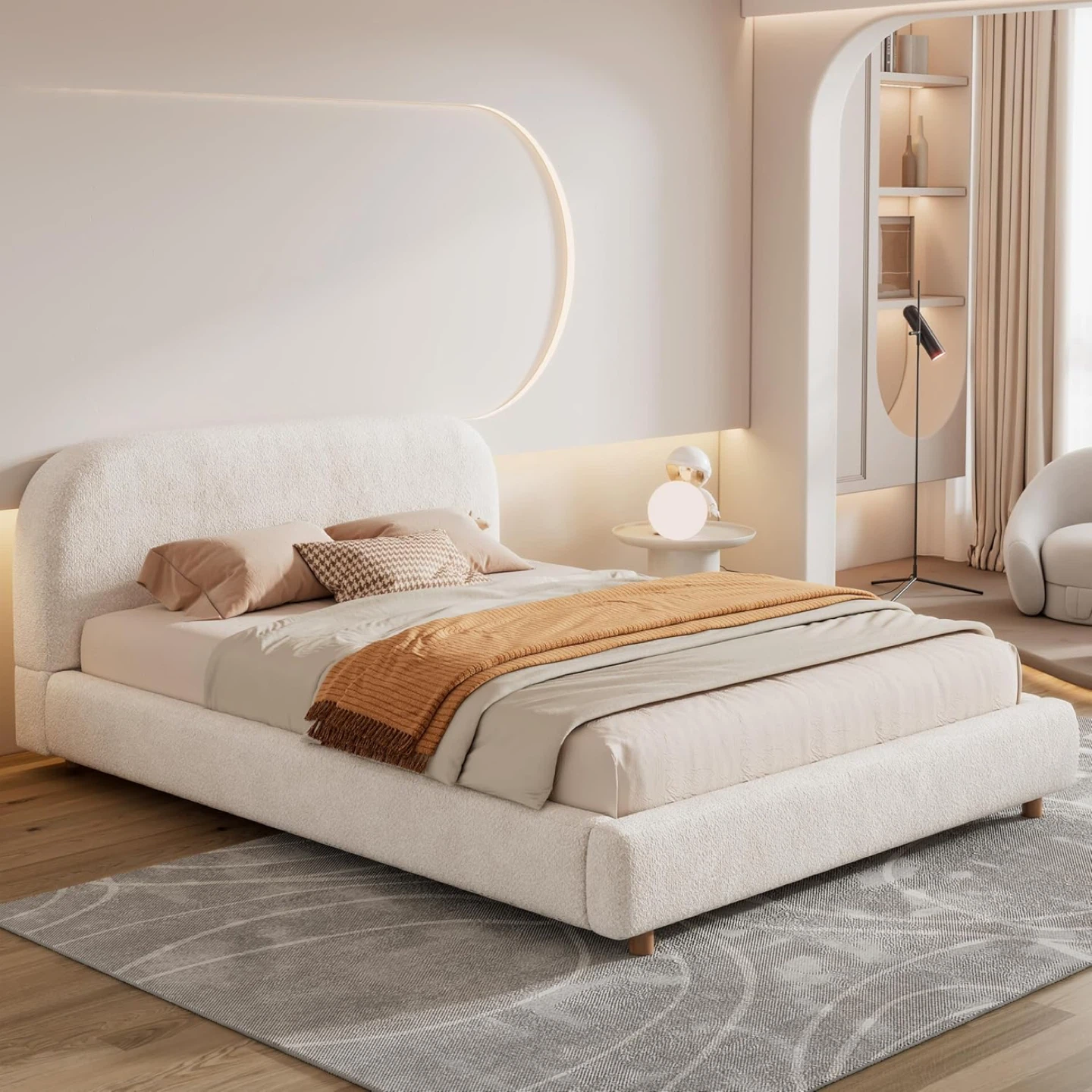 Curve-Shaped Platform Bed with Headboard, Queen Size
