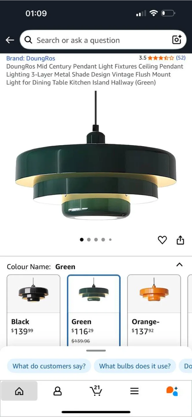 Mid-Century Modern Pendant Light – Green – Brand New thumbnail