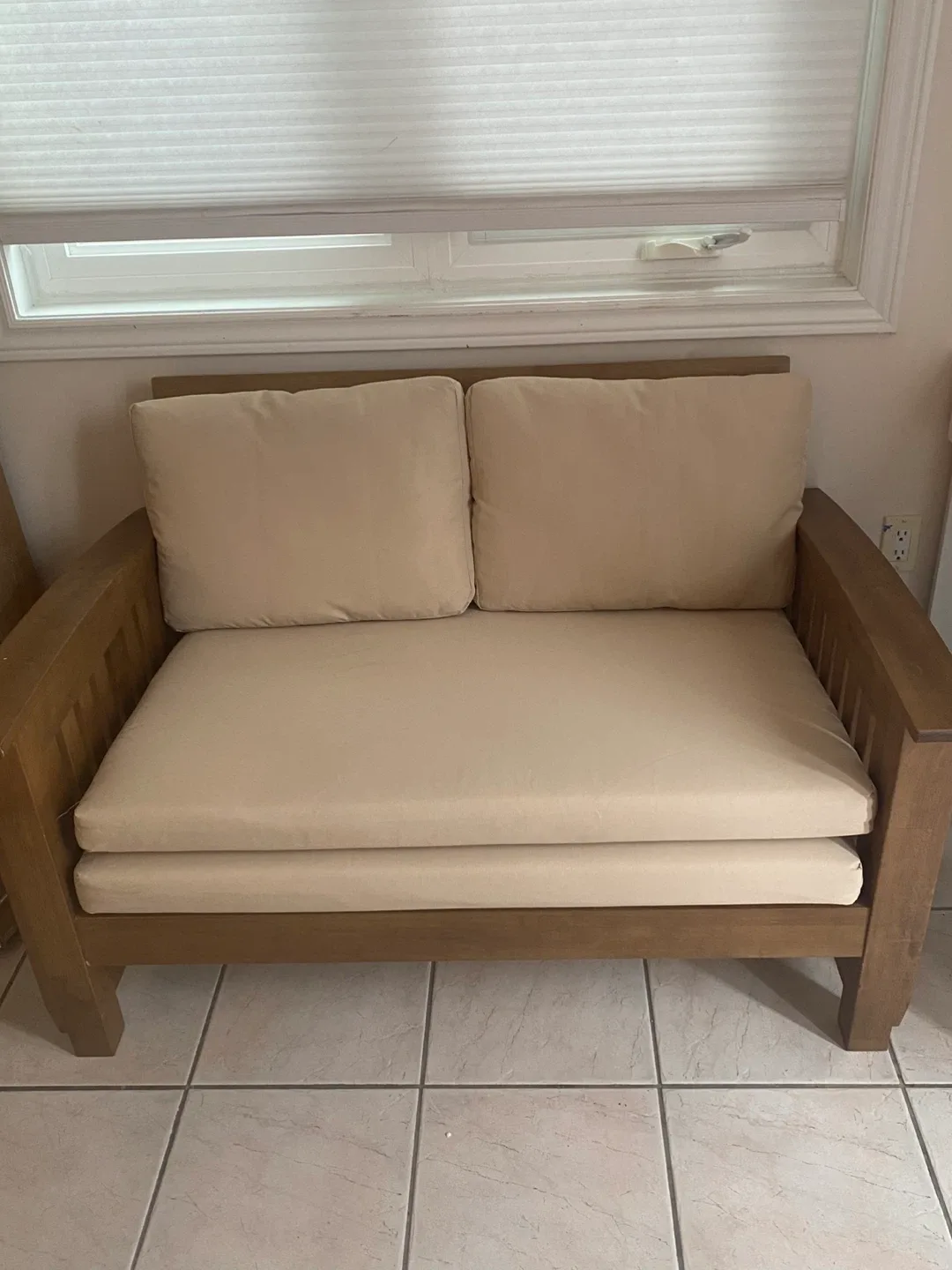 Beige Fabric and Wood Loveseat image indicator(10)