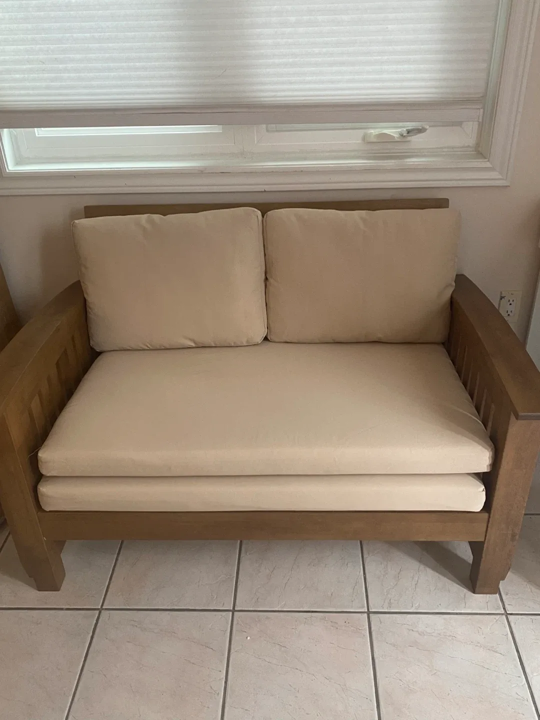 Beige Fabric and Wood Loveseat image indicator(9)