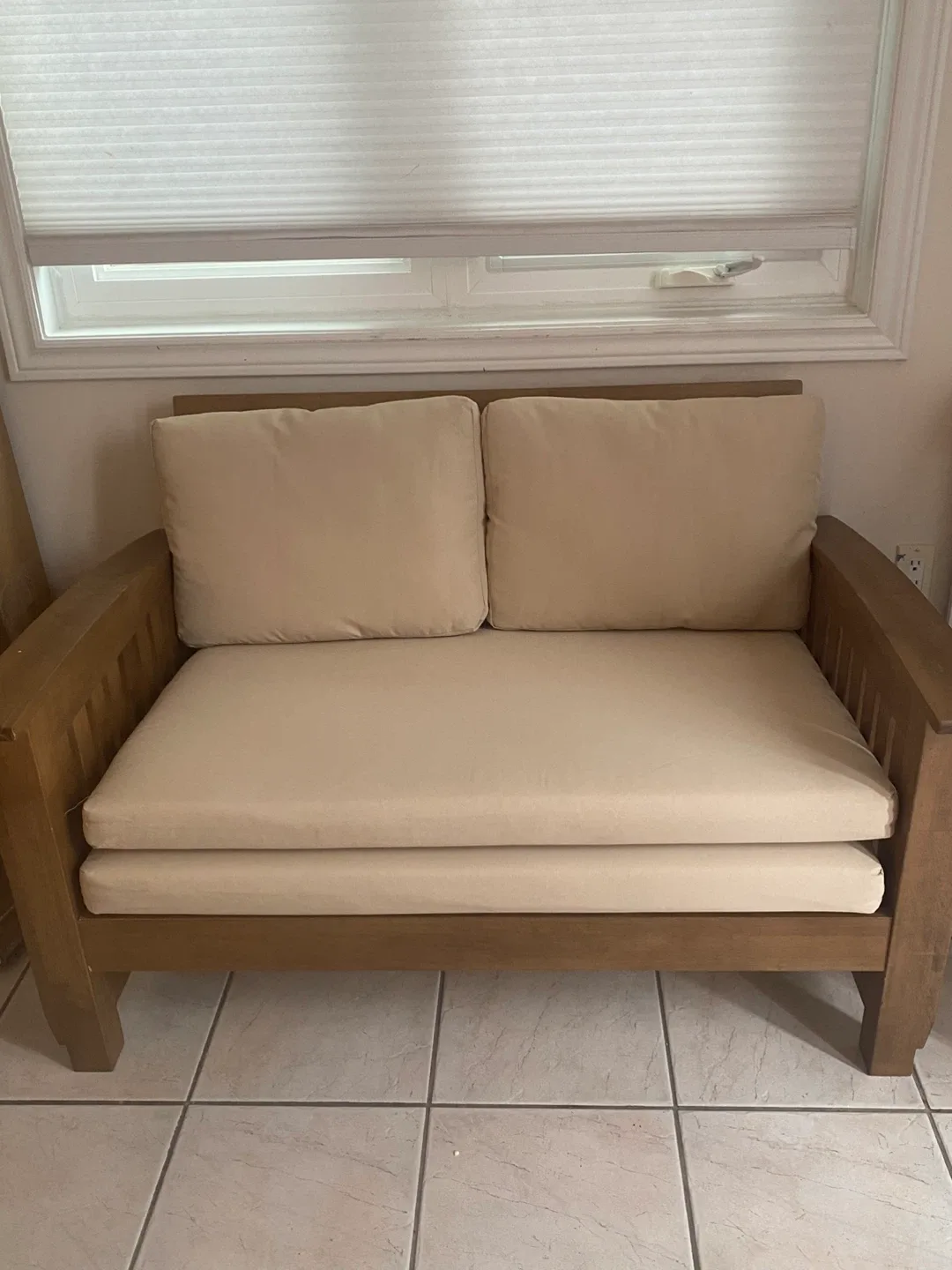 Beige Fabric and Wood Loveseat image indicator(8)