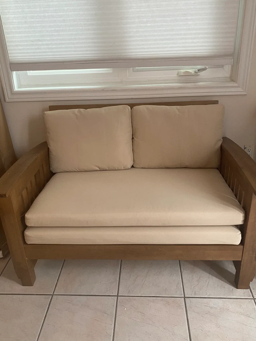Beige Fabric and Wood Loveseat image indicator(7)