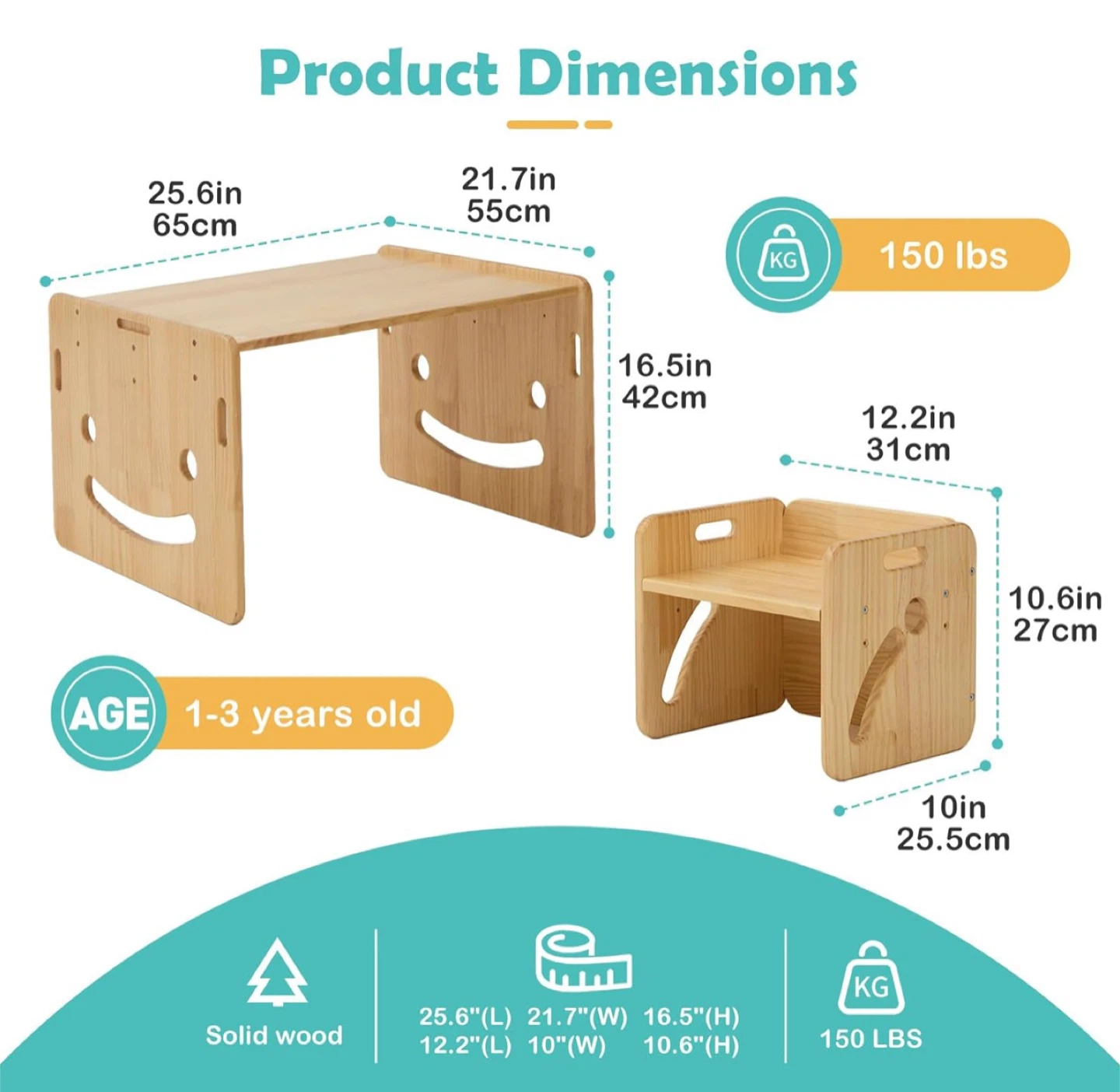 Multifunctional Montessori Table & Chair Set, Solid Wood - photo 2