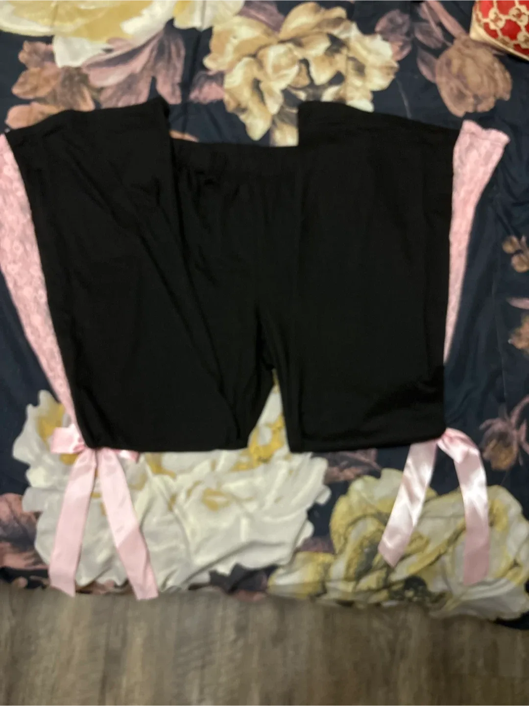 Black Lounge Pants with Pink Lace & Bows thumbnail