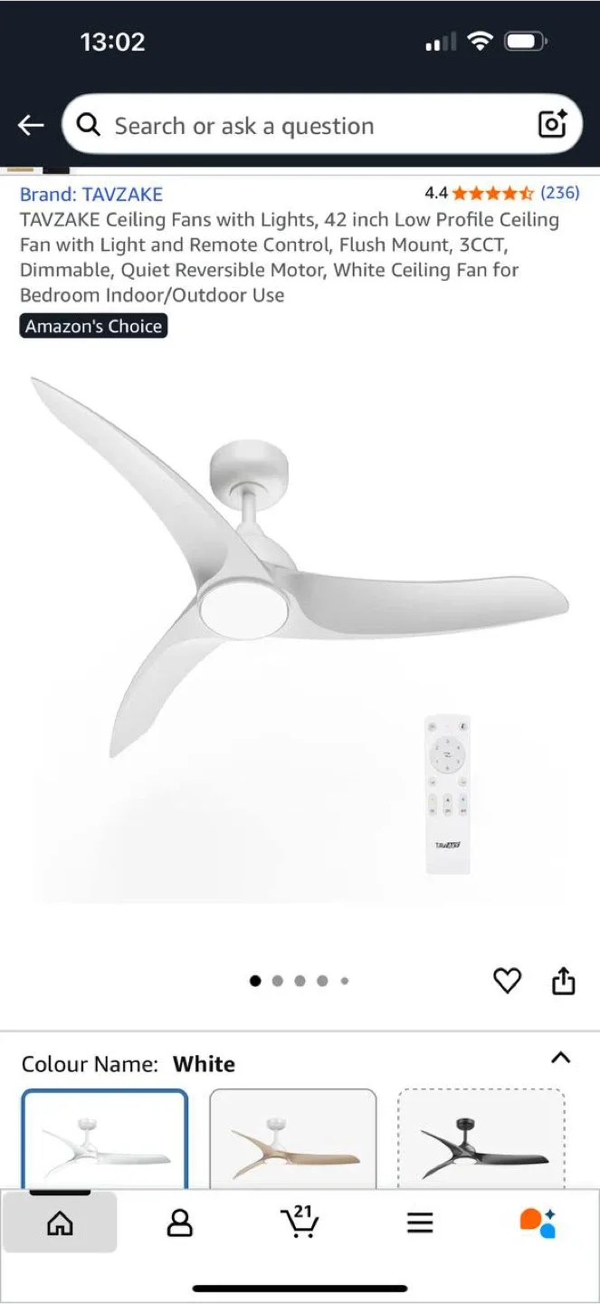 TAVZAKE Ceiling Fan with Light – White, 42 inch – New thumbnail