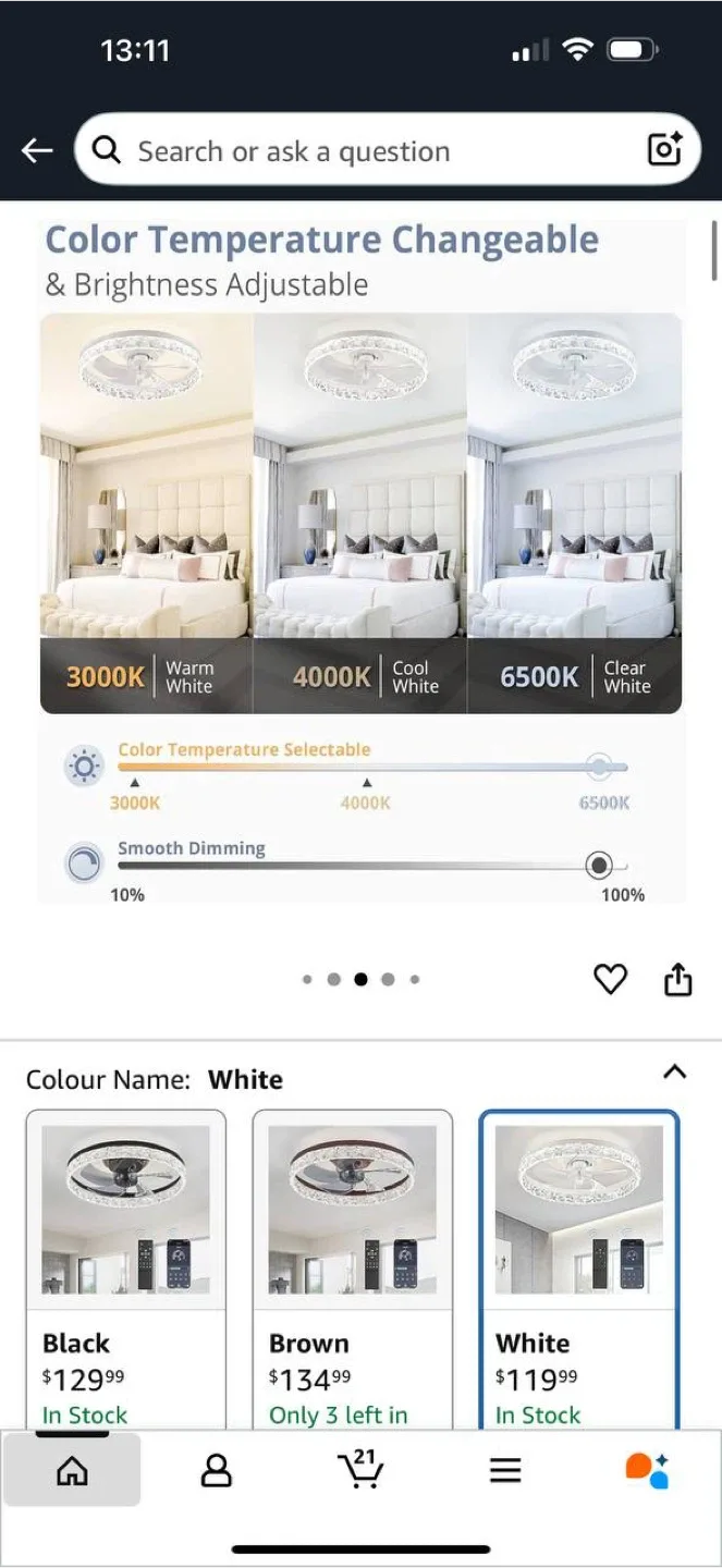 LEDIARY 20” Ceiling Fan with Light – White – New image indicator(3)