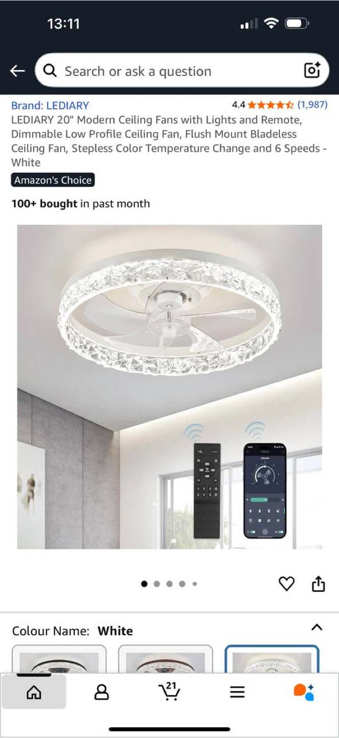 LEDIARY 20” Ceiling Fan with Light – White – New