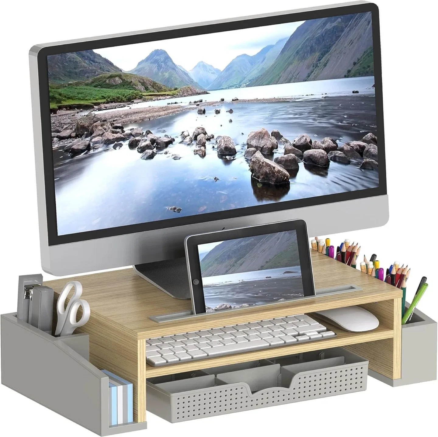 Desk monitor stand riser with organizer tray image indicator(3)