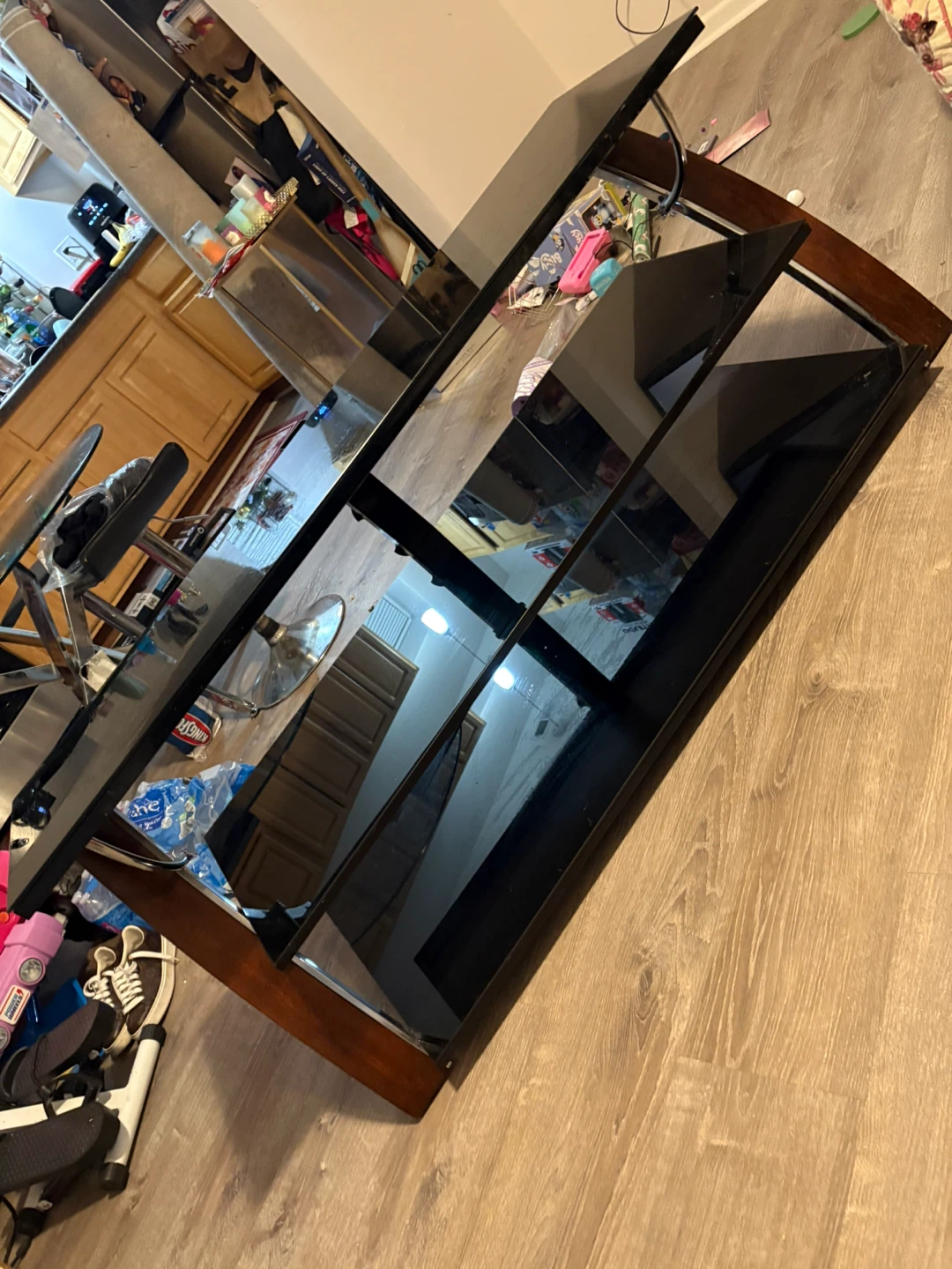 Black Glass TV Stand with Wood Accents