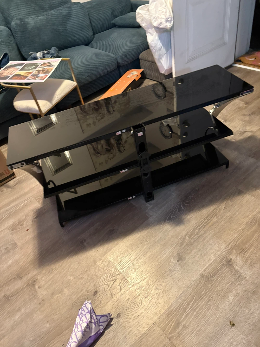 Black Glass TV Stand with Wood Accents - photo 3