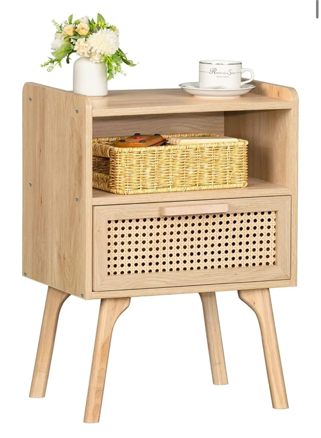 Wood rattan nightstand with drawer and open shelf image indicator(5)