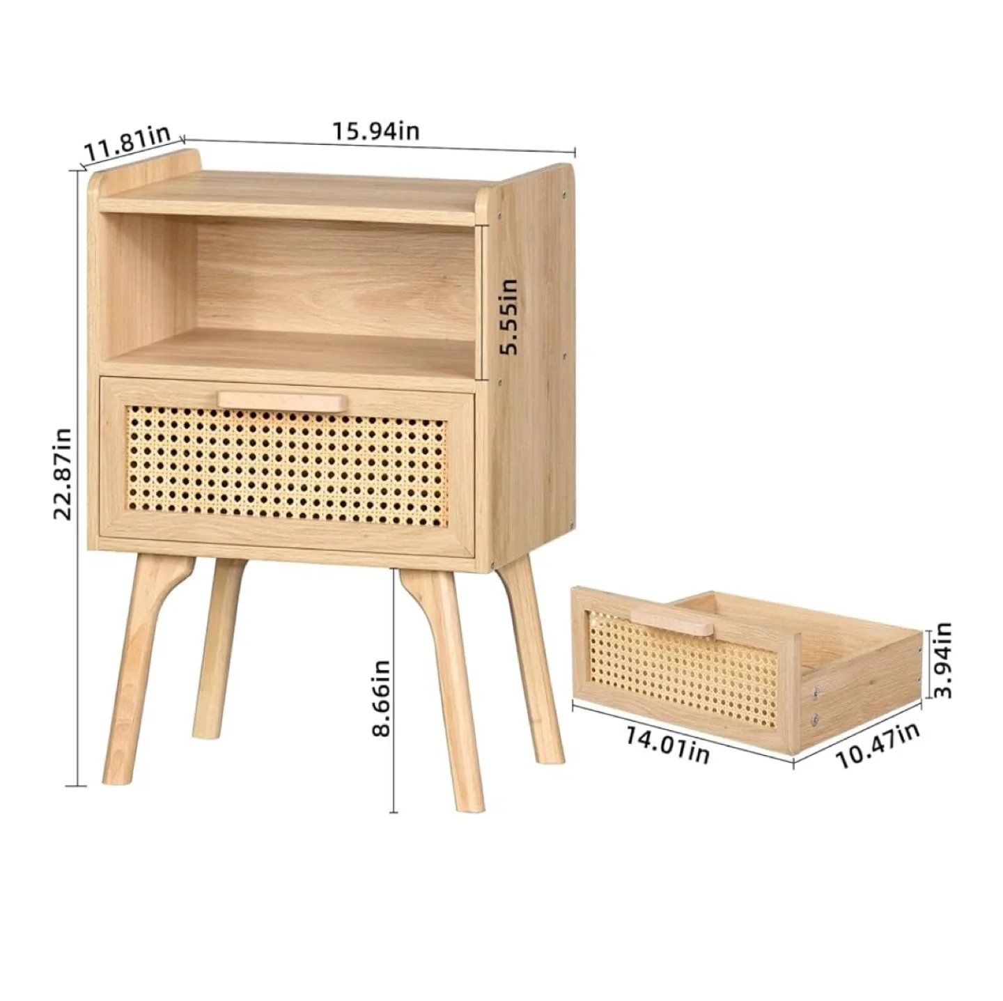 Wood rattan nightstand with drawer and open shelf image indicator(4)