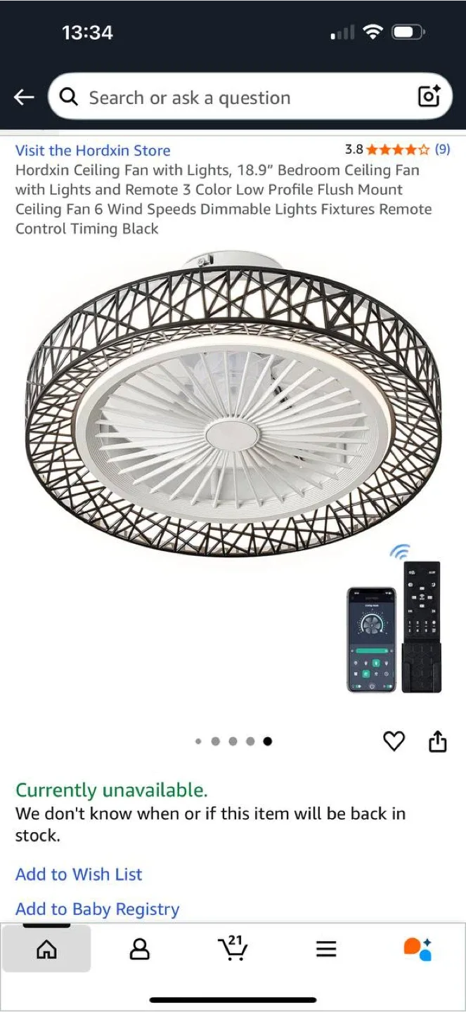 Hordxin Ceiling Fan with Light – 18.9” – Black – New thumbnail