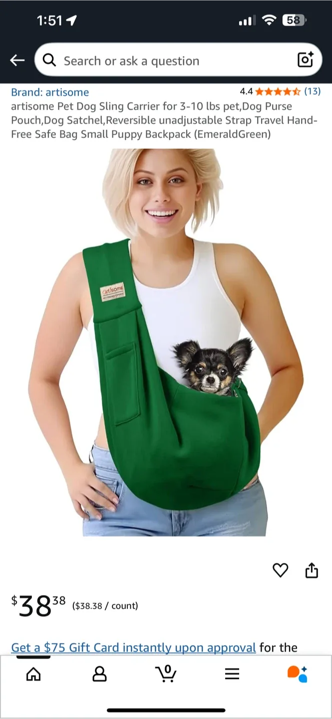 New ! Artisome Pet Sling Carrier - Emerald Green thumbnail