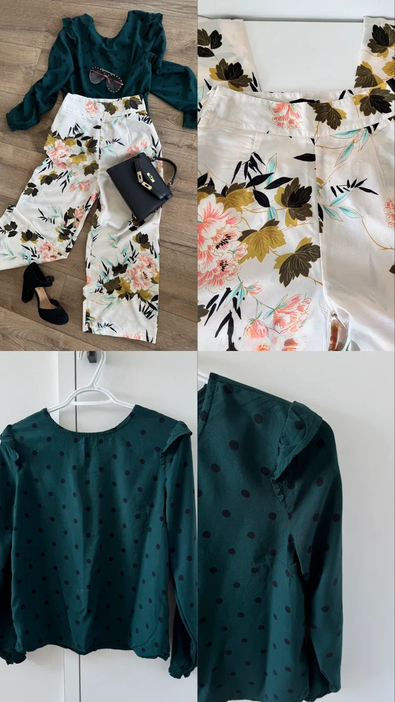 Kiabi Green Polka Dot Blouse & Floral Pants Set thumbnail