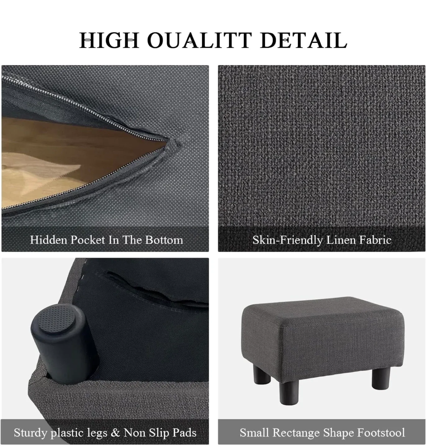 Dark Grey Linen Fabric Footstool (32D x 42W x 25H cm) image indicator(2)