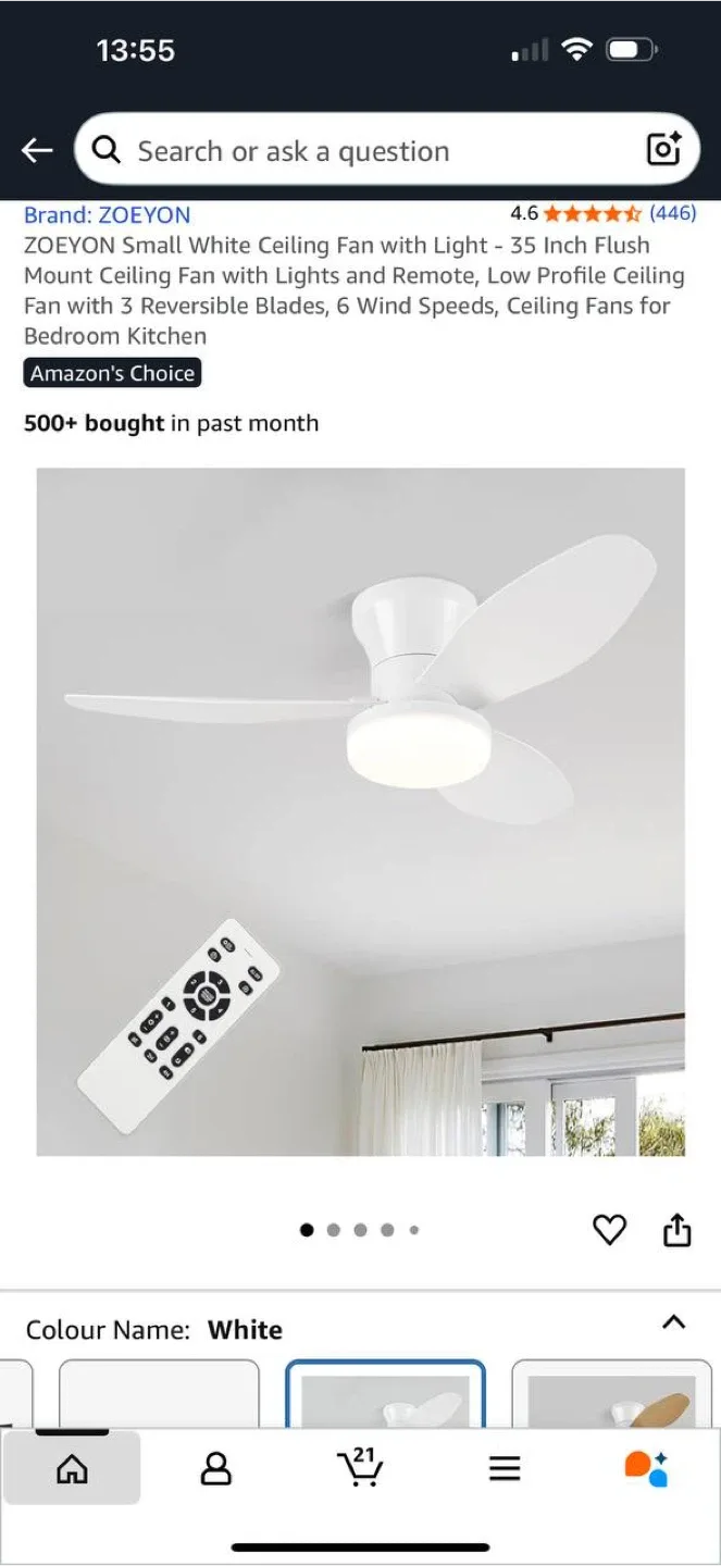 ZOEYON Ceiling Fan with Light – 35” White – New thumbnail