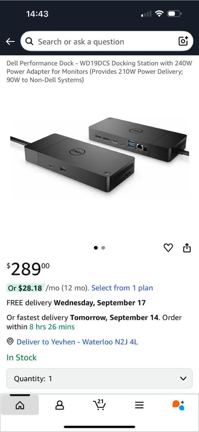 Dell Performance Dock WD19DCS – Open Box (New Condition) thumbnail