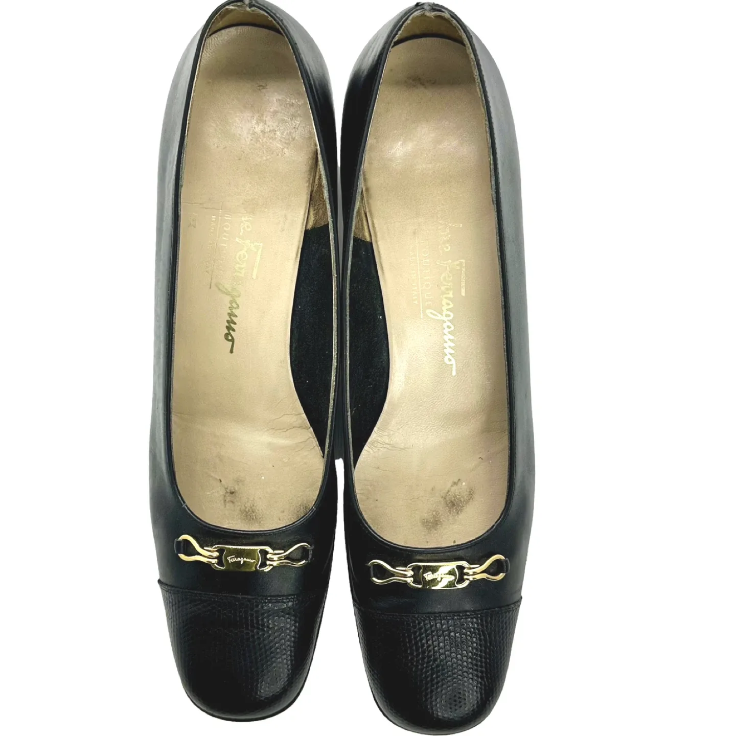 Salvatore Ferragamo Black Leather Block Heel Pumps Size 9AA image indicator(2)