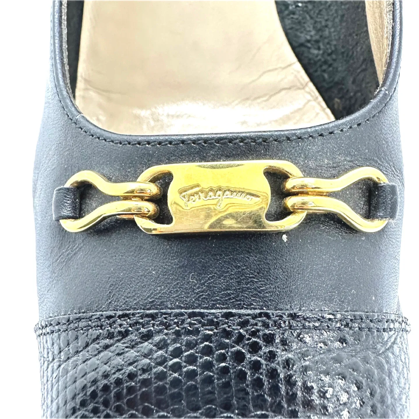 Salvatore Ferragamo Black Leather Block Heel Pumps Size 9AA image indicator(5)