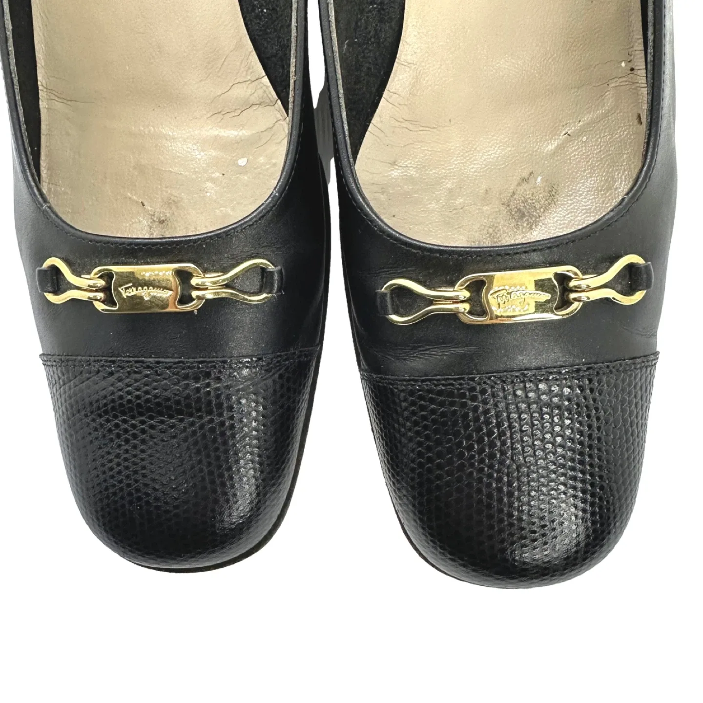 Salvatore Ferragamo Black Leather Block Heel Pumps Size 9AA image indicator(3)