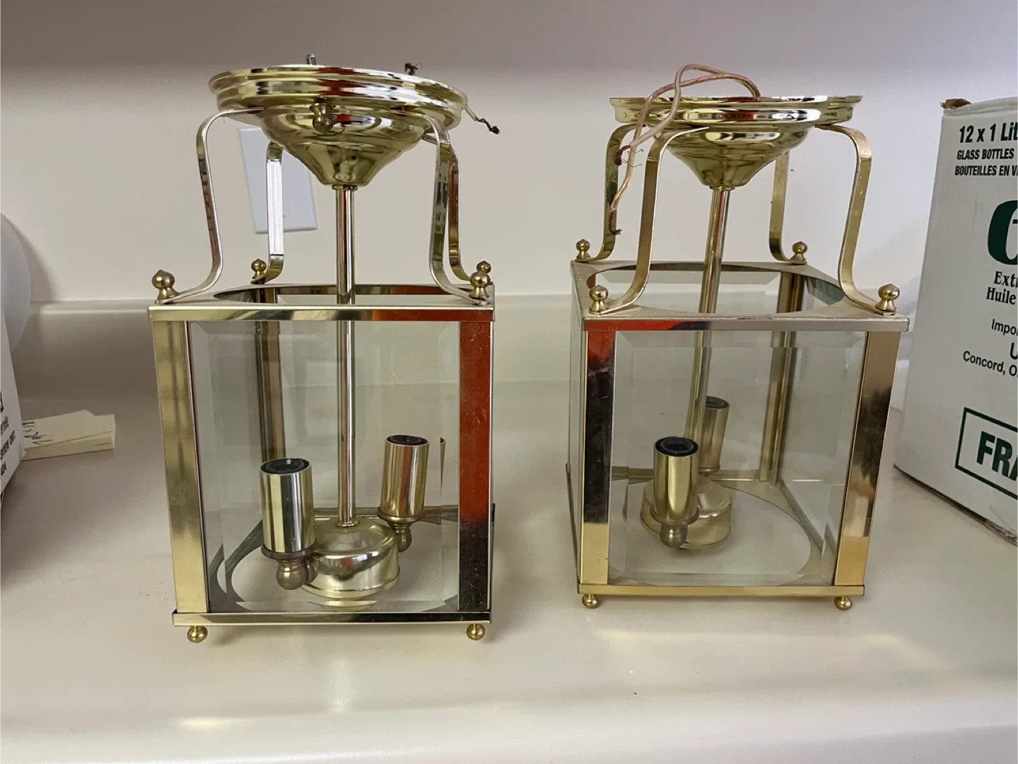 Pair of Brass & Glass Lantern Style Light Fixtures thumbnail