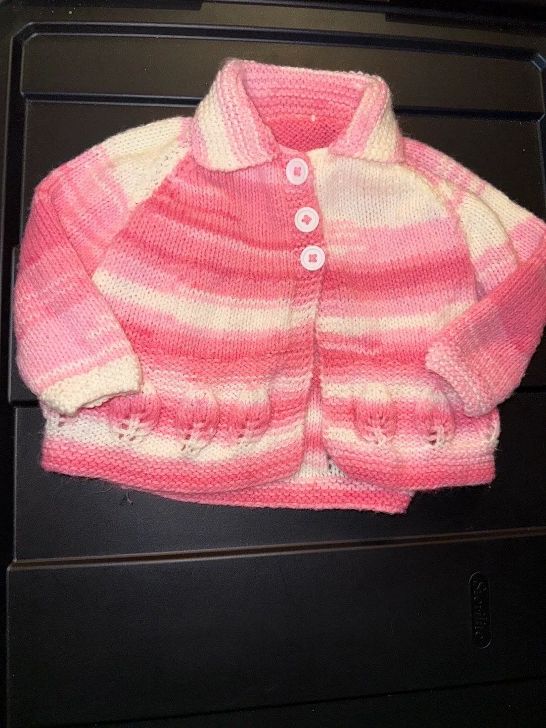Hand-Knitted Baby Cardigan - Pink & White thumbnail