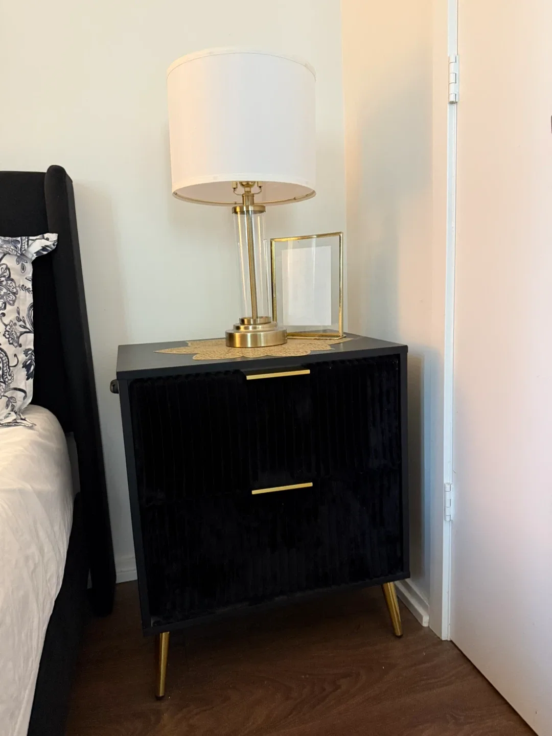 Black Velvet bedside tables/Nightstands with Gold Accents
