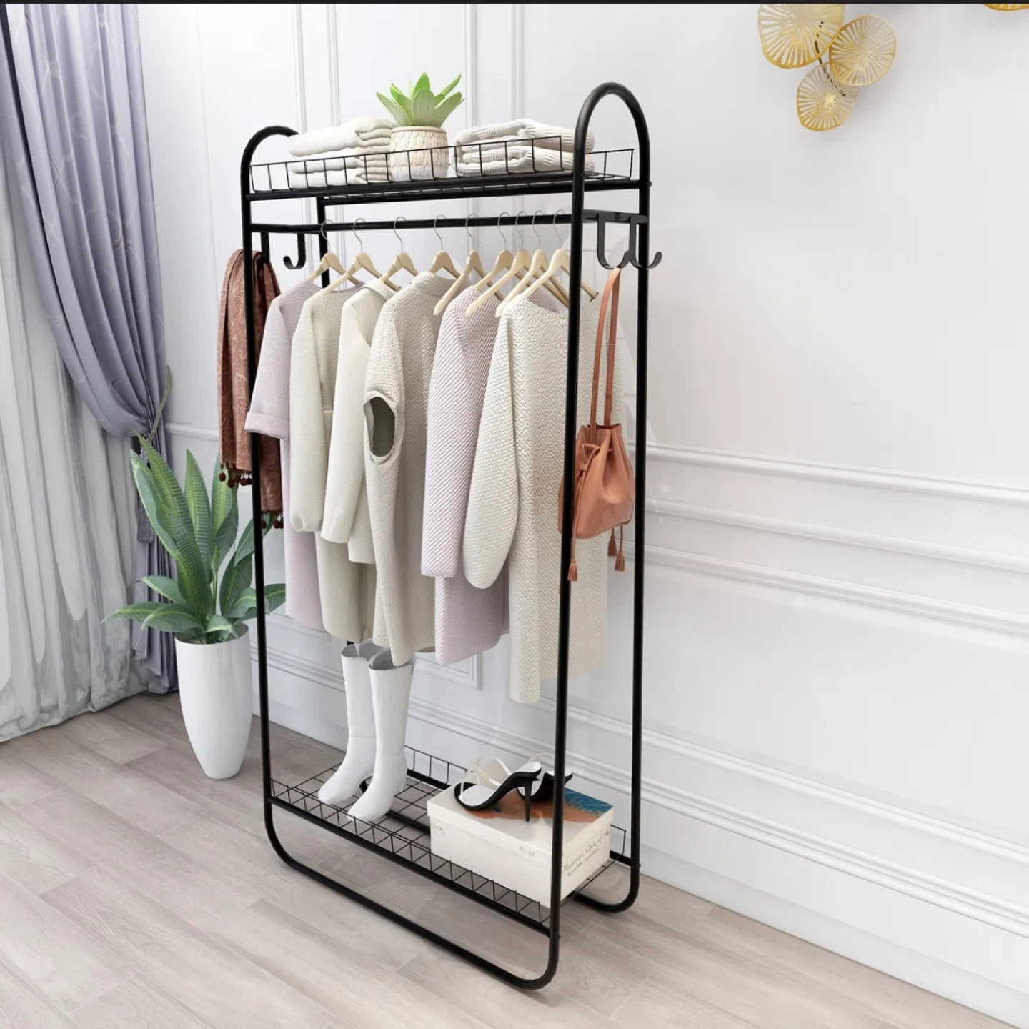 Black Metal Garment Rack with Shelves