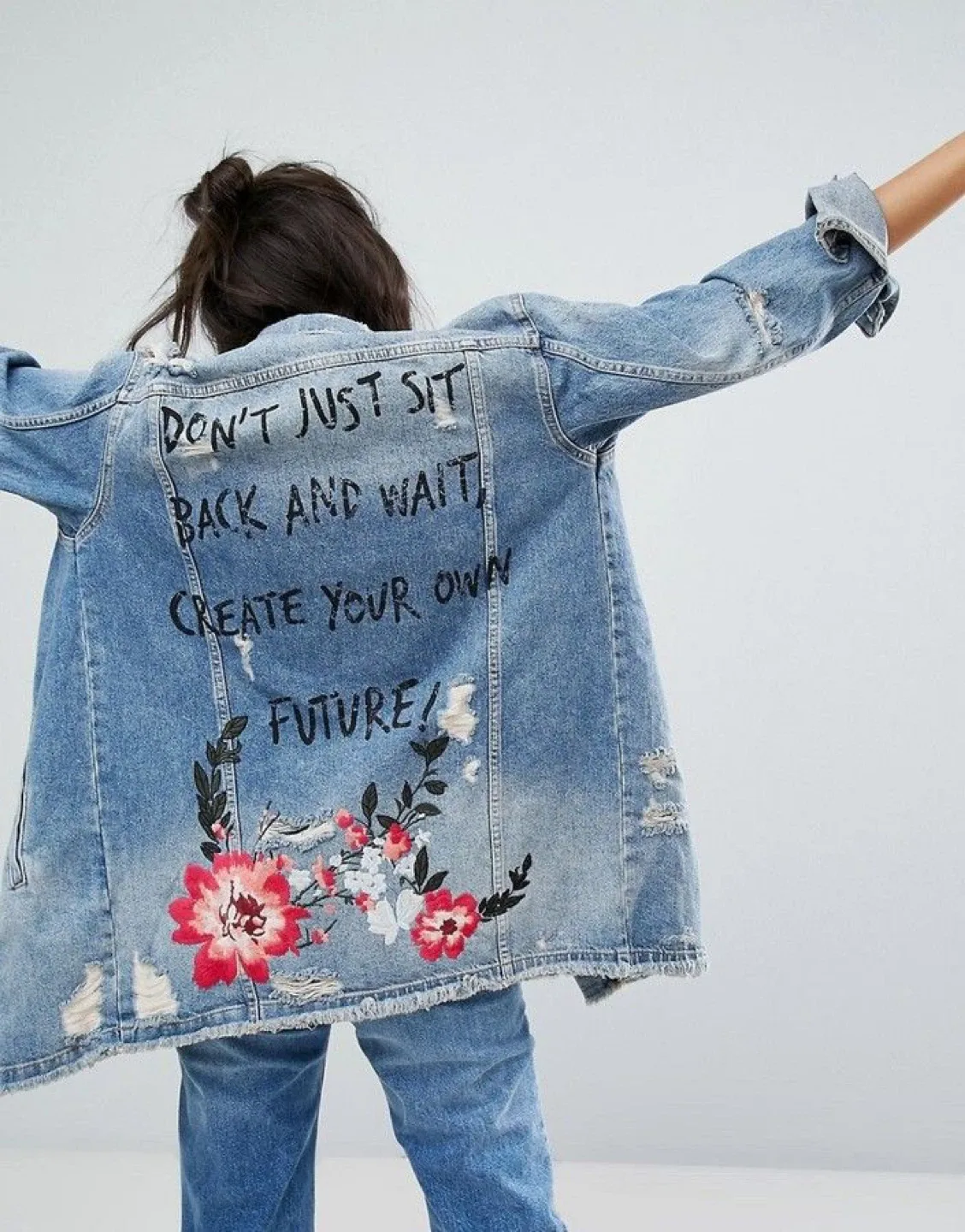 New Distressed Denim Jacket with Embroidered Floral Design thumbnail