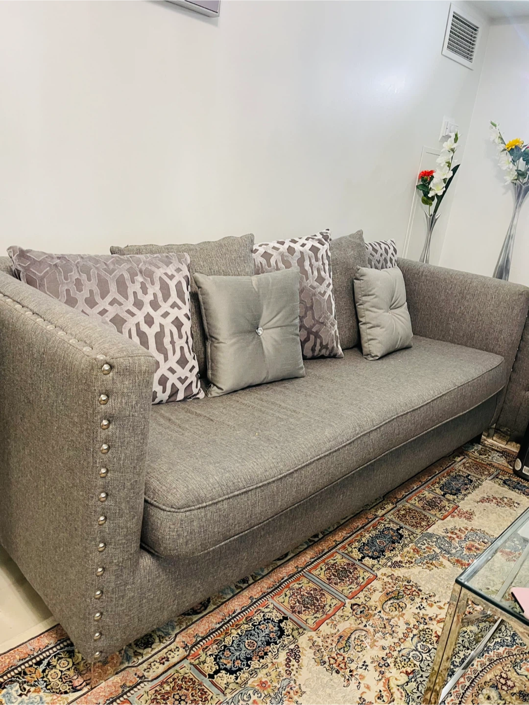 Grey Sofa with Throw Pillows