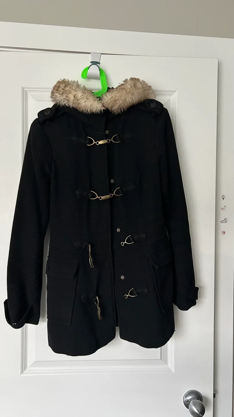 Black Winter Coat with Faux Fur Hood image indicator(2)