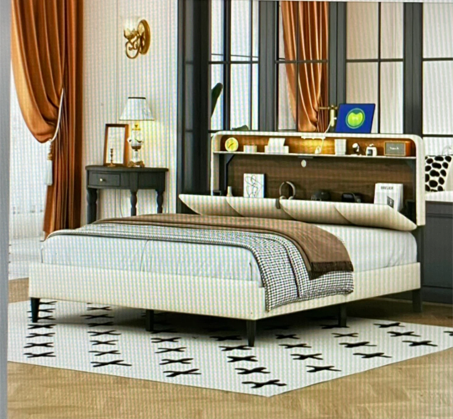 Queen Upholstered Bed with Storage Headboard and USB ports