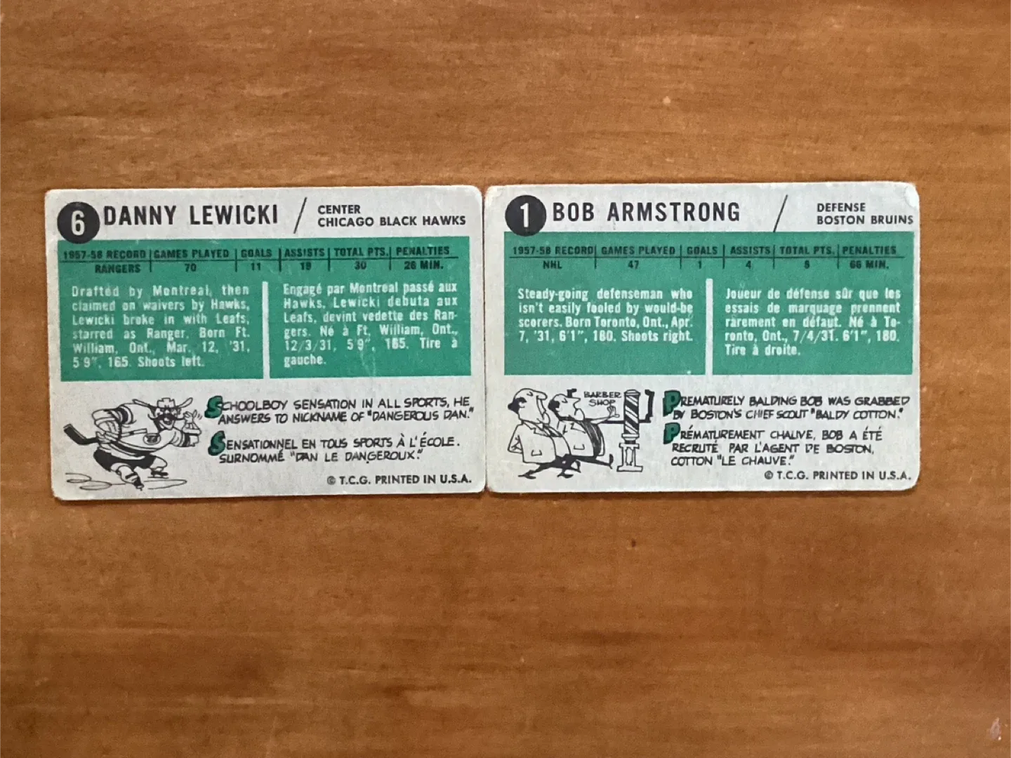 2 TOPPS 1958-59 NHL Cards BOB ARMSTRONG #1 & DANNY LEWICKI #6 image indicator(4)