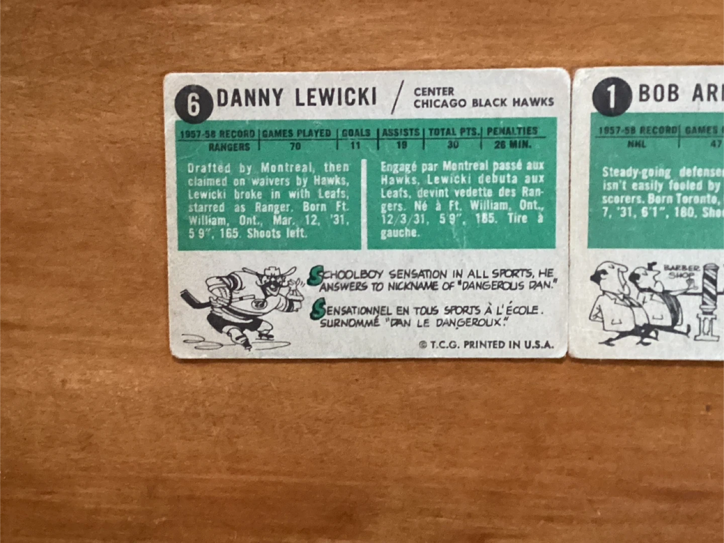 2 TOPPS 1958-59 NHL Cards BOB ARMSTRONG #1 & DANNY LEWICKI #6 - photo 5