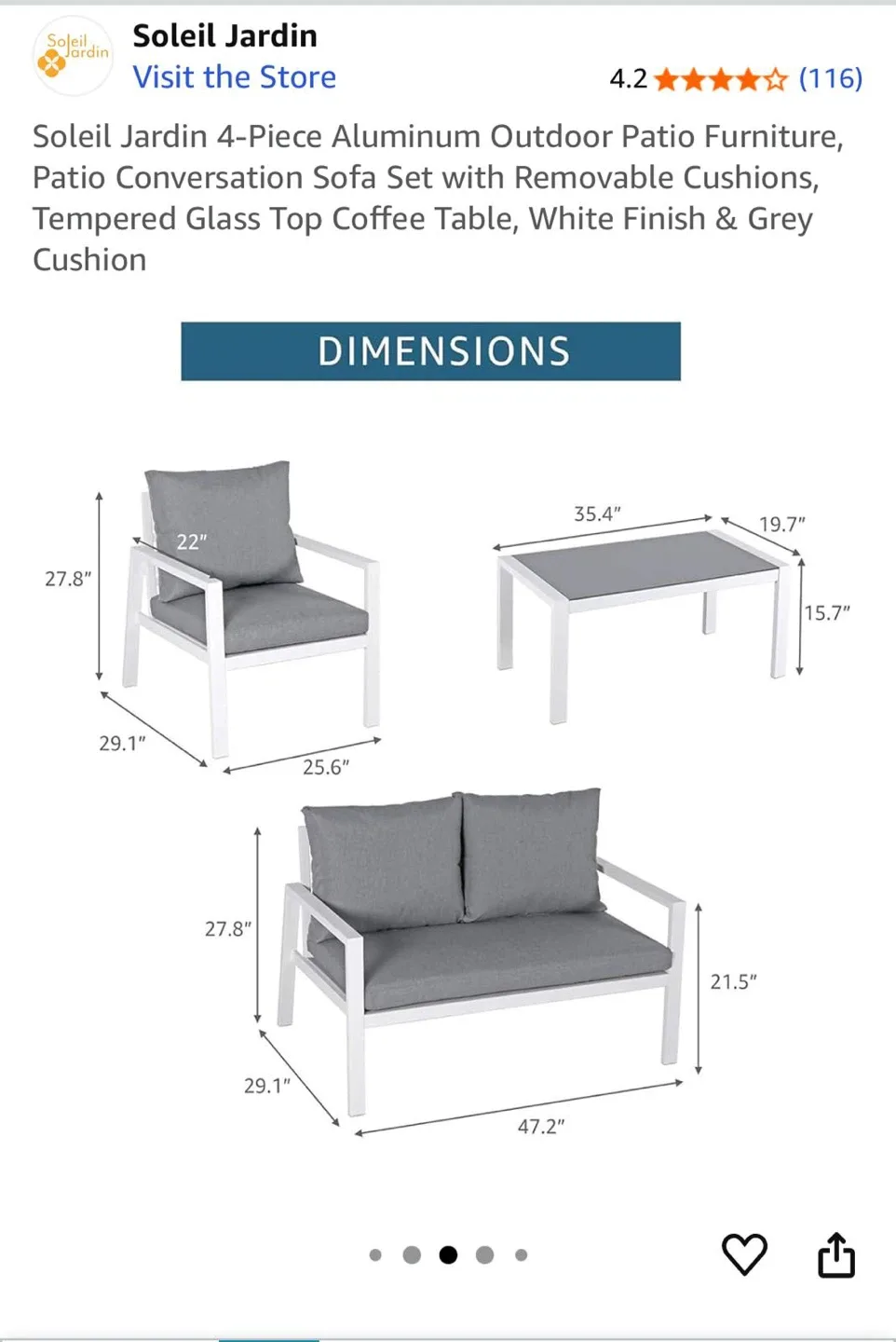 Soleil Jardin 4-Piece Aluminum Outdoor Patio Furniture Set image indicator(6)