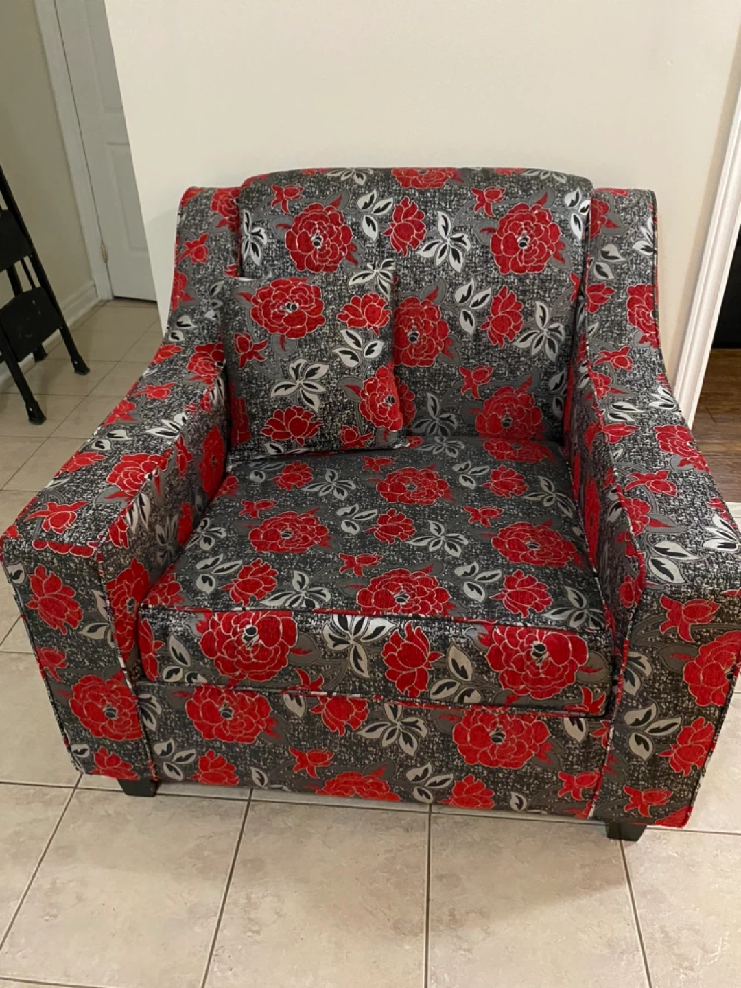 Floral Armchair - Red & Grey