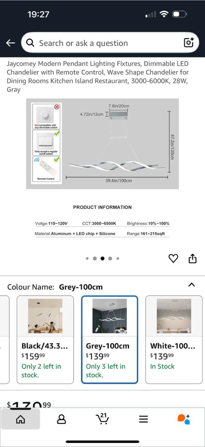 Modern LED Wave Chandelier Pendant Light – Grey, 100cm - photo 4
